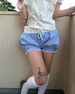 Lace hem striped short pumpkin pants
