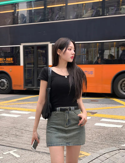 [Belt Set] Washed Denim Skirt