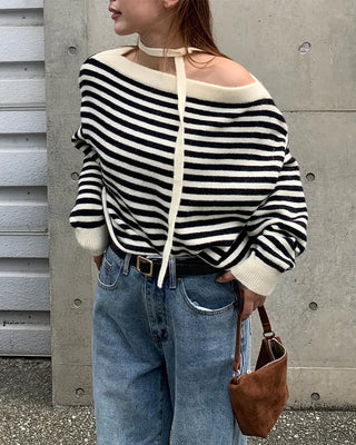 Tie-set off-shoulder striped knit