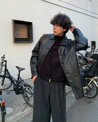 (Unisex) Washed Vintage Half Leather Jacket