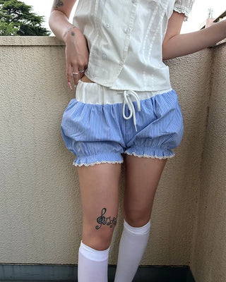 Lace hem striped short pumpkin pants