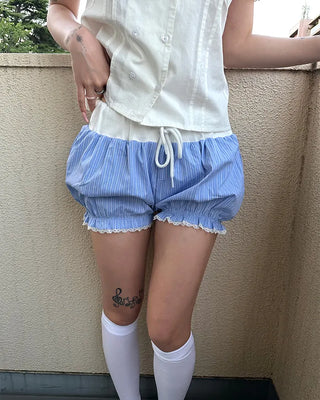 Lace hem striped short pumpkin pants