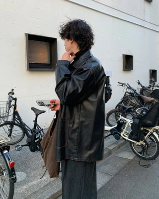 (Unisex) Washed Vintage Half Leather Jacket