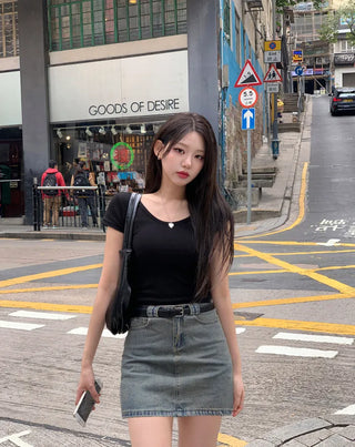 [Belt Set] Washed Denim Skirt