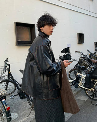 (Unisex) Washed Vintage Half Leather Jacket