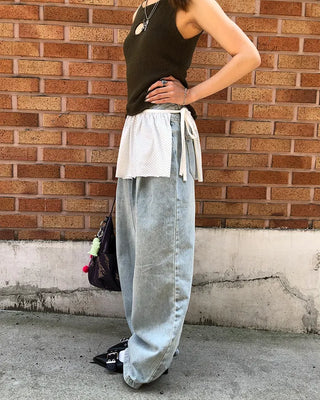 Double-pleated cotton wide-leg pants and belt set