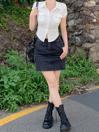 Pocket short-sleeved cropped shirt