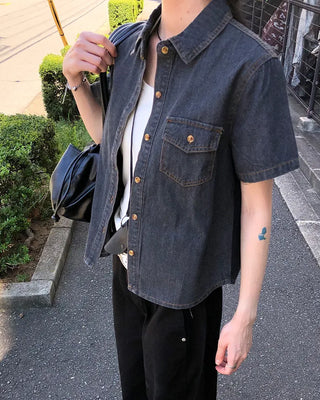 Denim short-sleeved shirt