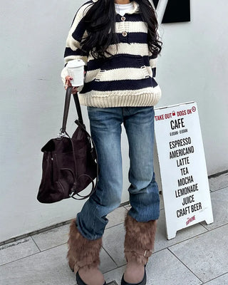 High-gauge knit polo neck wide striped sweater