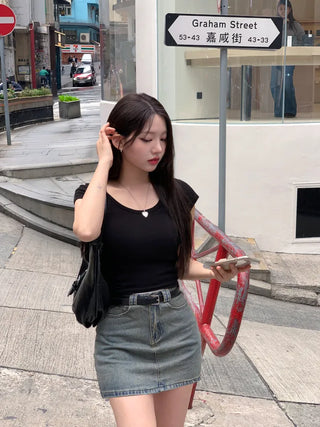 [Belt Set] Washed Denim Skirt