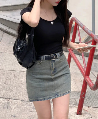 [Belt Set] Washed Denim Skirt