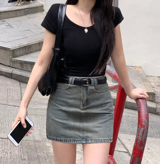 [Belt Set] Washed Denim Skirt