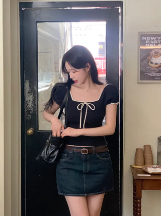 Ribbon Bicolor Short-Sleeve Knit