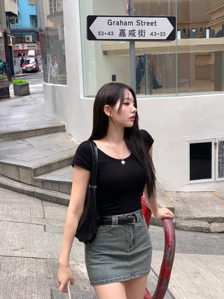 [Belt Set] Washed Denim Skirt