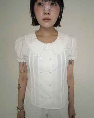 [6th Re-release] (ORIGINAL) Heart Button Lace Puff Blouse
