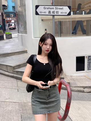 [Belt Set] Washed Denim Skirt
