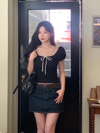 Ribbon Bicolor Short-Sleeve Knit