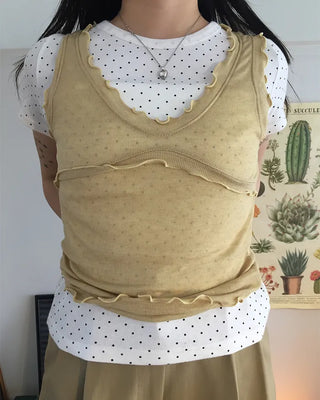 V-neck scalloped hem ribbed tank top