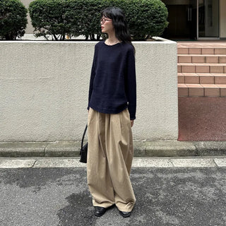 Cotton wide-leg long pants with elastic waistband