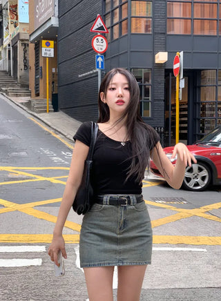 [Belt Set] Washed Denim Skirt