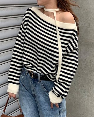 Tie-set off-shoulder striped knit