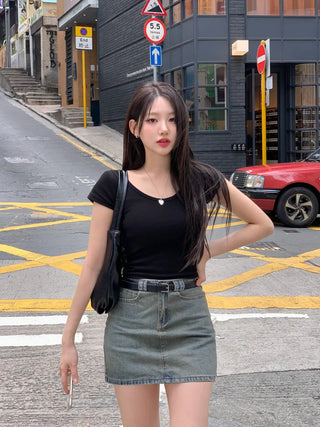 [Belt Set] Washed Denim Skirt