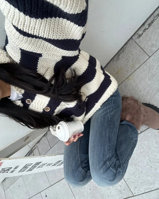 High-gauge knit polo neck wide striped sweater