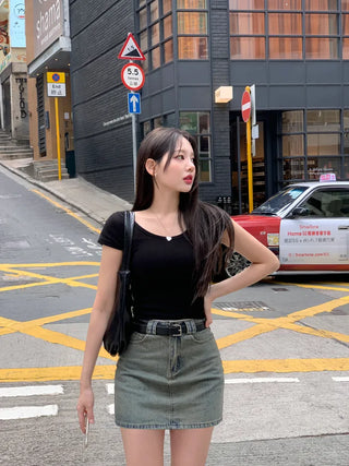 [Belt Set] Washed Denim Skirt