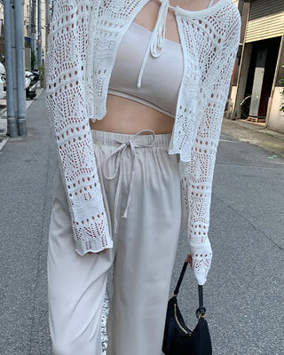 Net V-neck Ribbon Cardigan