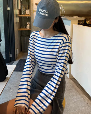 Soft boat neck striped long-sleeve T-shirt