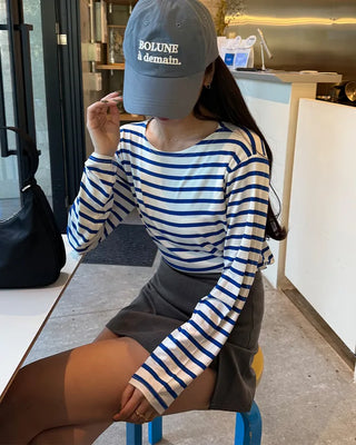 Soft boat neck striped long-sleeve T-shirt