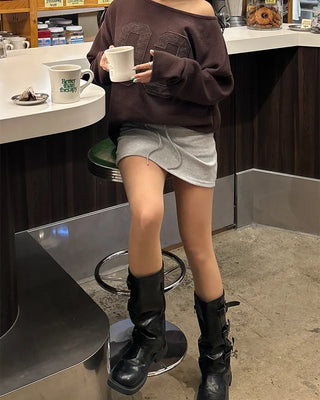 Wide-waisted ribbed sweatshirt mini skirt