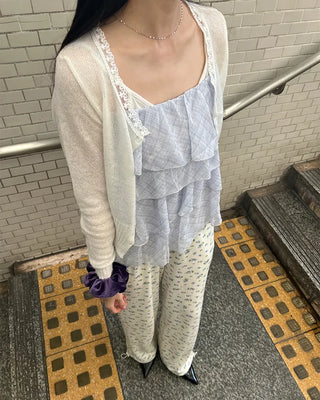 Cancan check tie set sleeveless blouse