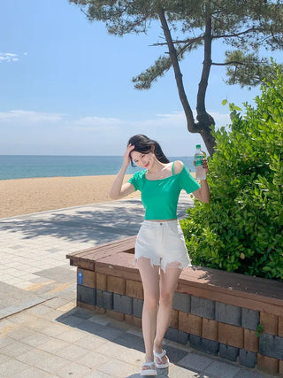[2-way] Asymmetrical Shoulder Short-Sleeve T-Shirt (6 colors)