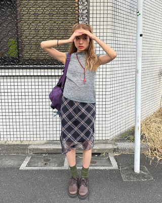 Checked scalloped hem chiffon skirt