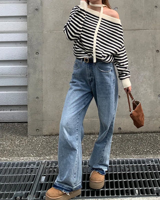 Tie-set off-shoulder striped knit