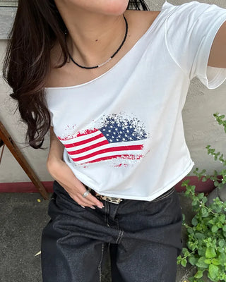 American Cut-Off Shoulder Neck Cropped T-Shirt