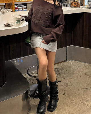 Wide-waisted ribbed sweatshirt mini skirt