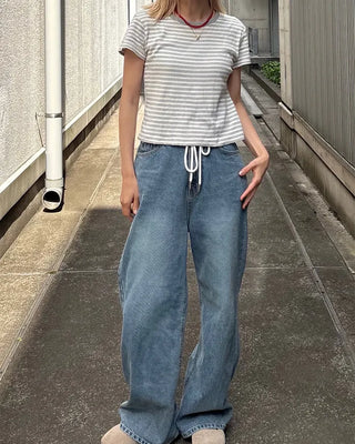 Straight-leg denim pants with string waistband