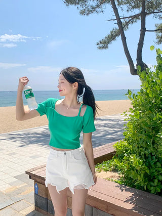 [2-way] Asymmetrical Shoulder Short-Sleeve T-Shirt (6 colors)