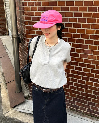 Henley neck short-sleeved sweatshirt