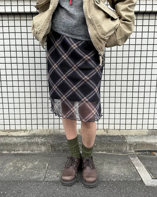 Checked scalloped hem chiffon skirt