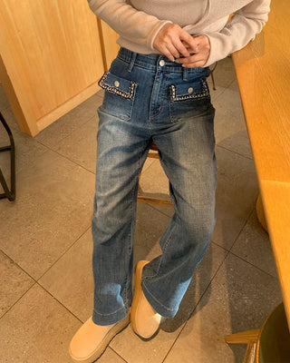 Lace pocket denim pants
