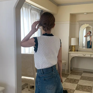 Two-tone perforated knit top