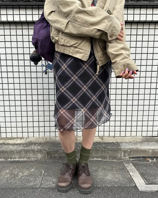 Checked scalloped hem chiffon skirt