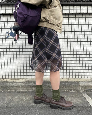 Checked scalloped hem chiffon skirt