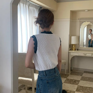 Two-tone perforated knit top