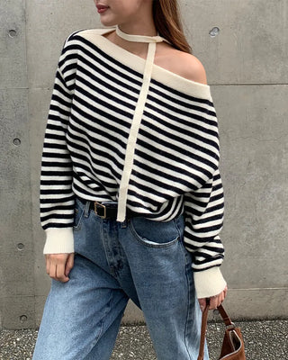 Tie-set off-shoulder striped knit