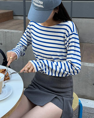 Soft boat neck striped long-sleeve T-shirt