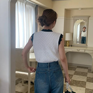 Two-tone perforated knit top